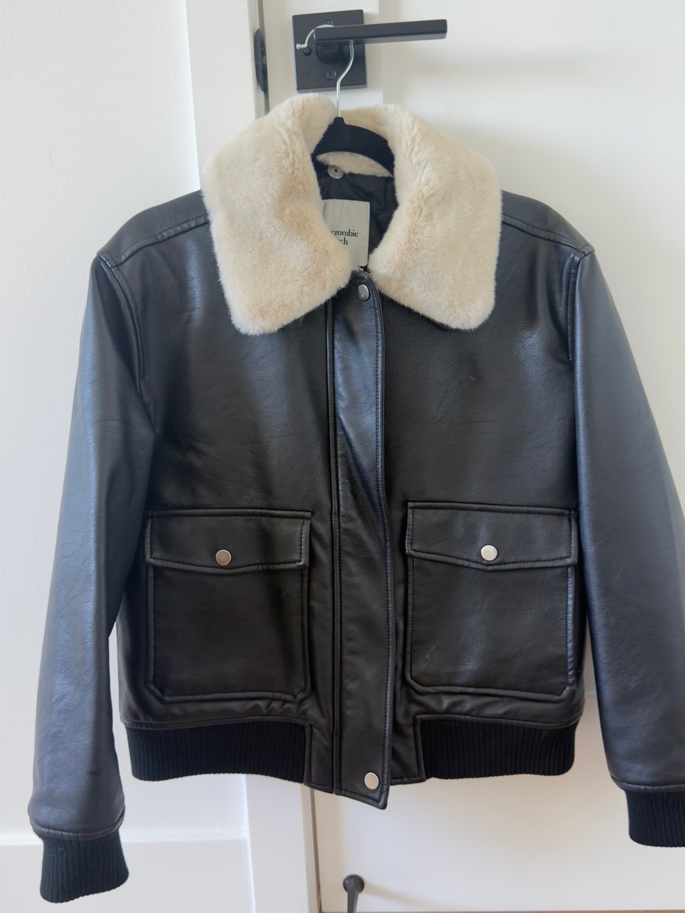 Abercrombie & Fitch Black Faux Leather Jacket with Cream Fur Collar
